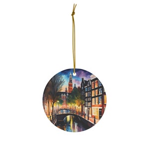 Handcrafted Amsterdam Evening Ornament – Romantic Cityscape in Twilight Glow – Unique Travel Keepsake Gift