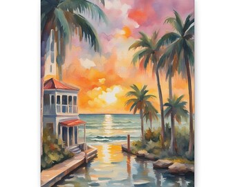 Acquerello con vista sul lungomare della Florida, arte costiera, decorazione rilassante per la casa, quadro da parete per gli amanti della spiaggia, tela con bordi stampati.