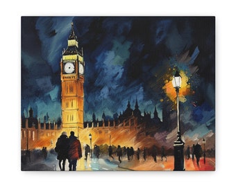 May include: A watercolor painting of Big Ben and the Houses of Parliament in London at night. The clock tower is lit up in warm yellow light, and the sky is a dark blue with hints of purple and gray. There are people walking in the street below, and a street lamp is lit up in the foreground.