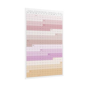 Op de afbeelding: Een grote wandkalender voor het jaar 2026, met een rasterindeling en maandelijkse blokken. De kalender heeft een witte rand en een kleurenschema van roze, paars en beige. De tekst "two thousand twenty-six" staat bovenaan.