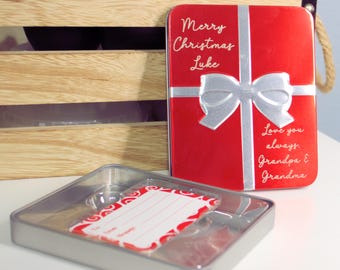 Personalized Red & Silver Gift | Card Tin - Engraved Metal Present Box with Removable Insert