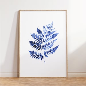 Blue Fern Watercolor Poster, digital download, watercolor art, wall art, printable art, home decor, art prints, gift