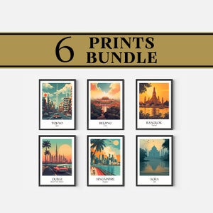 6 travel poster bundle, asia wall art pack, asia city print, asia travel poster, asia travel gift, asia digital download, retro cities