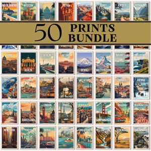 Paquete de 50 carteles de viaje, arte de pared, impresión de la ciudad, cartel de viaje retro, regalo de viaje, descarga digital, decoración del hogar, Barcelona, París, Londres, etc.