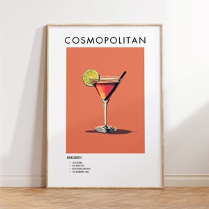 Cartel de cóctel cosmopolita, arte de cóctel, decoración de pared imprimible, decoración de bar, arte de pared de cocina, impresión de bar en casa, decoración de pared de alcohol, regalo
