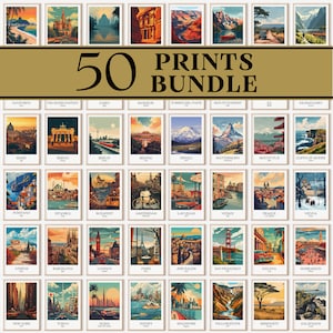 Pacote de 50 pôsteres de viagem, arte de parede, impressão de cidade, pôster de viagem retrô, presente de viagem, download digital, decoração de casa, Barcelona, Paris, Londres etc.