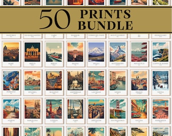 50 Travel Poster Bundle, Wall Art, city print, retro travel poster, travel gift, digital download, home decor, Barcelona, Paris, London etc