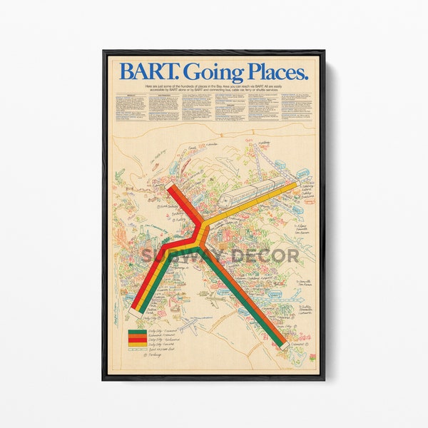 BART Going Places Framed Canvas or Poster Print Map | Vintage 1982 Pictorial Map Print