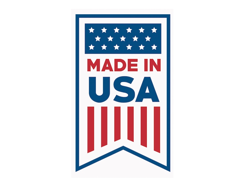 K&ouml;nnte beinhalten: Ein blaues und rotes Banner mit wei&szlig;en Sternen und Streifen. Das Banner lautet "Made in USA".