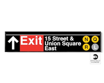 15 Street & Union Square Station Subway Sign - N Q R L Lines - Narrow Version - With Exit and Arrow