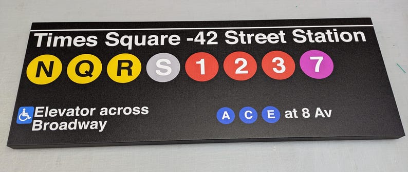 K&ouml;nnte beinhalten: Ein schwarz-wei&szlig;es Schild mit dem Text "Times Square - 42 Street Station". Das Schild listet die U-Bahn-Linien auf, die an dieser Station halten: N, Q, R, S, 1, 2, 3 und 7. Das Schild zeigt auch an, dass sich ein Aufzug gegen&uuml;ber der Broadway befindet und dass die Linien A, C und E an der 8th Avenue liegen.