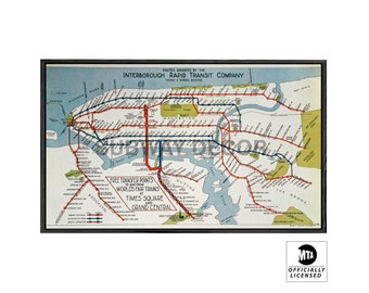 1939 Vintage New York City Subway Map Poster Print - Interborough Rapid Transit Routes - Canvas or Wood Framed Option