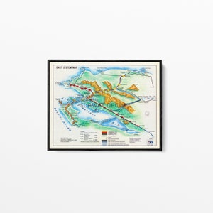 May include: A vintage BART system map of the San Francisco Bay Area. The map is illustrated with a colorful, hand-drawn style. The map shows the different lines and stations of the BART system. The map is framed in a black frame.