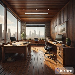 May include: A modern office space with a large wooden desk, two chairs, and a computer. The office has large windows with a view of a city skyline. The walls are wood paneled and there are framed pictures on the wall.