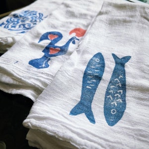 Portuguese Kitchen Towel - Vavó’s Flour Sack Towel - Hand Stamped Lino Print Sardinha Fish | Galo de Barcelos Rooster | Azulejo Tile Design