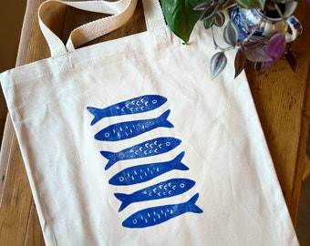 Portuguese Tote Bag - 100% Canvas- Hand Stamped Lino Print Portuguese Designs Sardinha Fish | Azulejo Tile | Sturdy 12oz Canvas Tote 15x16”