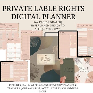 May include: Digital planner with a neutral color palette. The image displays various planner pages, including daily, weekly, and monthly layouts, trackers, and journal pages. Text includes "Private Lable Rights Digital Planner" and "70+ Pages Undated".