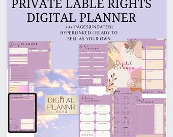 May include: A digital planner with a purple and pink color scheme. The planner includes a daily planner, budget tracker, year at a glance, and monthly planner. The planner is hyperlinked and ready to sell as your own.