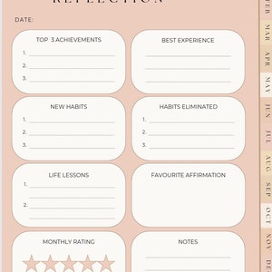 May include: A digital planner page with a soft pink background. The page is titled "January Reflection" and includes sections for achievements, habits, life lessons, and a monthly rating. The planner has a minimalist design.