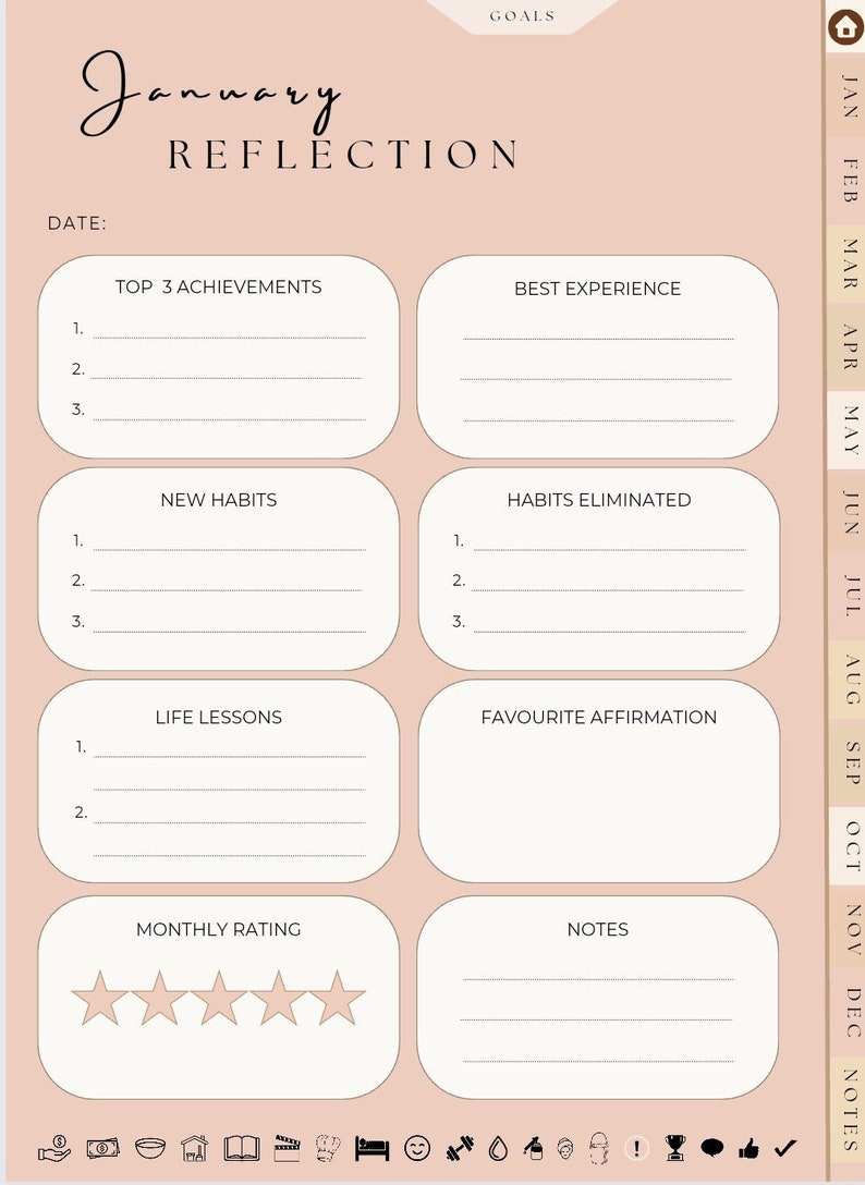 May include: A digital planner page with a soft pink background. The page is titled "January Reflection" and includes sections for achievements, habits, life lessons, and a monthly rating. The planner has a minimalist design.