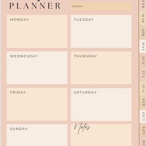 May include: A weekly planner with a soft peach background and a minimalist design. The planner features sections for each day of the week, with the days of the week labeled. The word "Weekly Planner" is at the top. The planner also includes a section for notes and a monthly calendar.