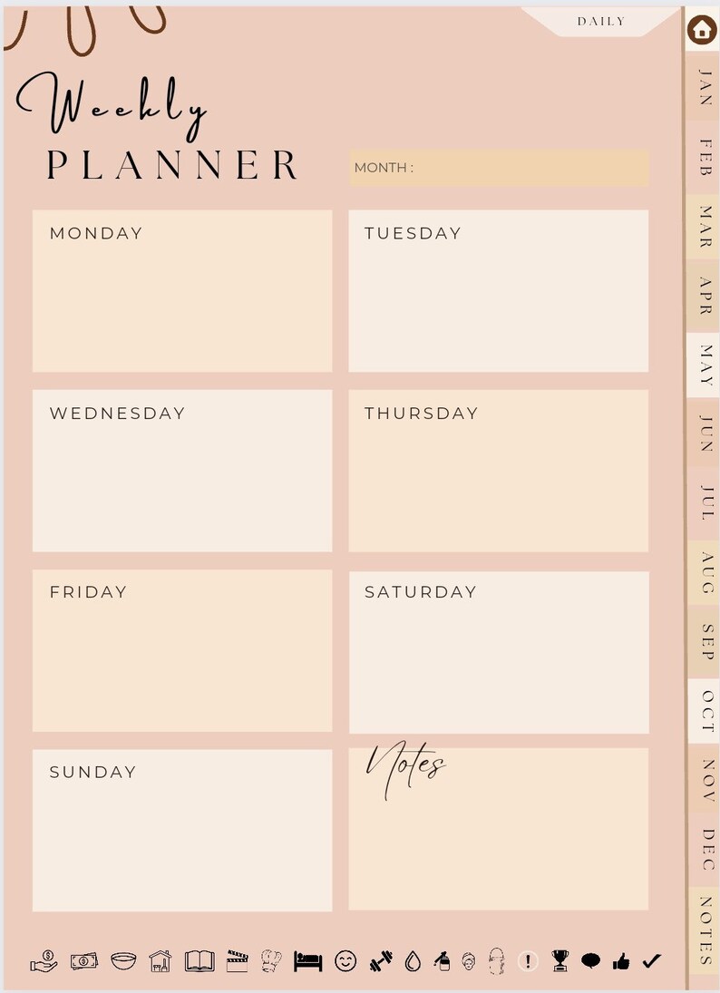 May include: A weekly planner with a soft peach background and a minimalist design. The planner features sections for each day of the week, with the days of the week labeled. The word "Weekly Planner" is at the top. The planner also includes a section for notes and a monthly calendar.