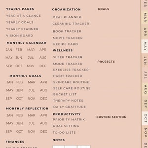 May include: A digital planner index page with headings for Yearly Pages, Organization, Goals, Wellness, Productivity, and Finances. The page includes a monthly calendar and reflection sections, with a neutral color scheme and text that reads "Index".