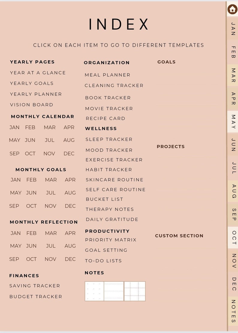 May include: A digital planner index page with headings for Yearly Pages, Organization, Goals, Wellness, Productivity, and Finances. The page includes a monthly calendar and reflection sections, with a neutral color scheme and text that reads "Index".