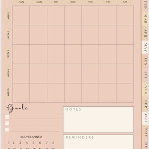 May include: A digital planner page for February with a light peach background. The calendar grid is displayed with the days of the week across the top. Sections for goals, notes, and reminders are included. Icons for various activities are at the bottom.