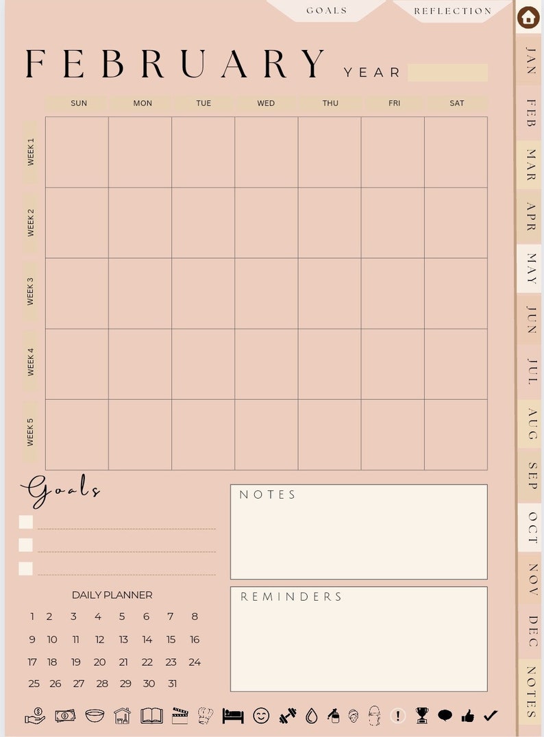 May include: A digital planner page for February with a light peach background. The calendar grid is displayed with the days of the week across the top. Sections for goals, notes, and reminders are included. Icons for various activities are at the bottom.