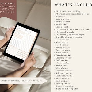 May include: A digital planner displayed on a tablet, featuring a daily layout with sections for to-do lists and notes. The screen shows a neutral color scheme with text that reads "Daily Planner." Additional text lists included features such as monthly calendars and goal setting.