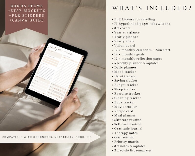 May include: A digital planner displayed on a tablet, featuring a daily layout with sections for to-do lists and notes. The screen shows a neutral color scheme with text that reads "Daily Planner." Additional text lists included features such as monthly calendars and goal setting.