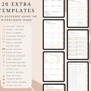 May include: Digital planner templates displayed on tablets. The image shows a variety of templates, including savings, budget, meal planning, cleaning, book, movie, recipe, sleep, mood, exercise, habit, skincare, self-care, bucket list, and more. Text at the top reads "20 EXTRA TEMPLATES".