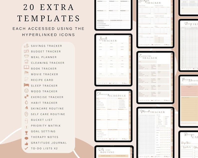 May include: Digital planner templates displayed on tablets. The image shows a variety of templates, including savings, budget, meal planning, cleaning, book, movie, recipe, sleep, mood, exercise, habit, skincare, self-care, bucket list, and more. Text at the top reads "20 EXTRA TEMPLATES".