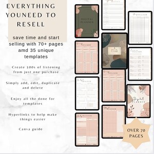 May include: Digital planner templates with over 70 pages, designed for reselling. The image shows various digital planner layouts, including savings, budget, and meal trackers. The text on the image says "Everything You Need to Resell".
