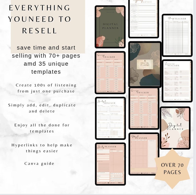 May include: Digital planner templates with over 70 pages, designed for reselling. The image shows various digital planner layouts, including savings, budget, and meal trackers. The text on the image says "Everything You Need to Resell".