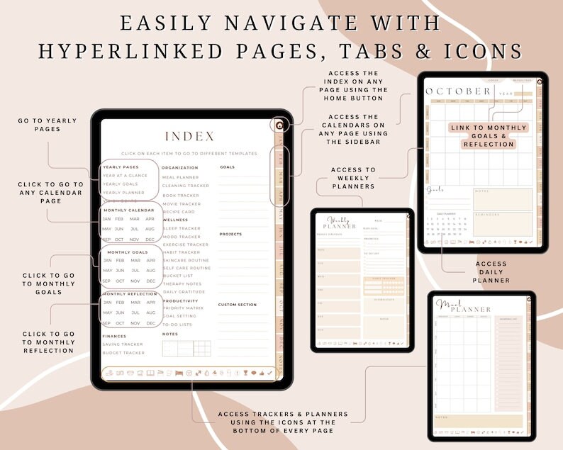 May include: Digital planner displayed on tablets, showcasing an index, monthly calendar, weekly planner, and daily planner. The planner features tabs, icons, and hyperlinks for easy navigation. The color scheme is neutral with beige and white elements.