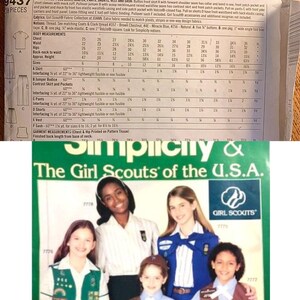 May include: Simplicity sewing pattern featuring Girl Scouts of the U.S.A. with a group photo of girls in uniforms. The pattern includes instructions for a shirt, jumper, skirt, shorts, and vest. Measurements are in inches, with metric equivalents.