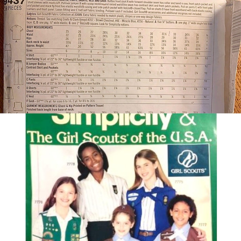 May include: Simplicity sewing pattern featuring Girl Scouts of the U.S.A. with a group photo of girls in uniforms. The pattern includes instructions for a shirt, jumper, skirt, shorts, and vest. Measurements are in inches, with metric equivalents.