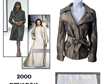Vtg Y2K VALENTINO Metallic Futurism 100% Silk Green-Gray Belted Moto Trench Sz 8