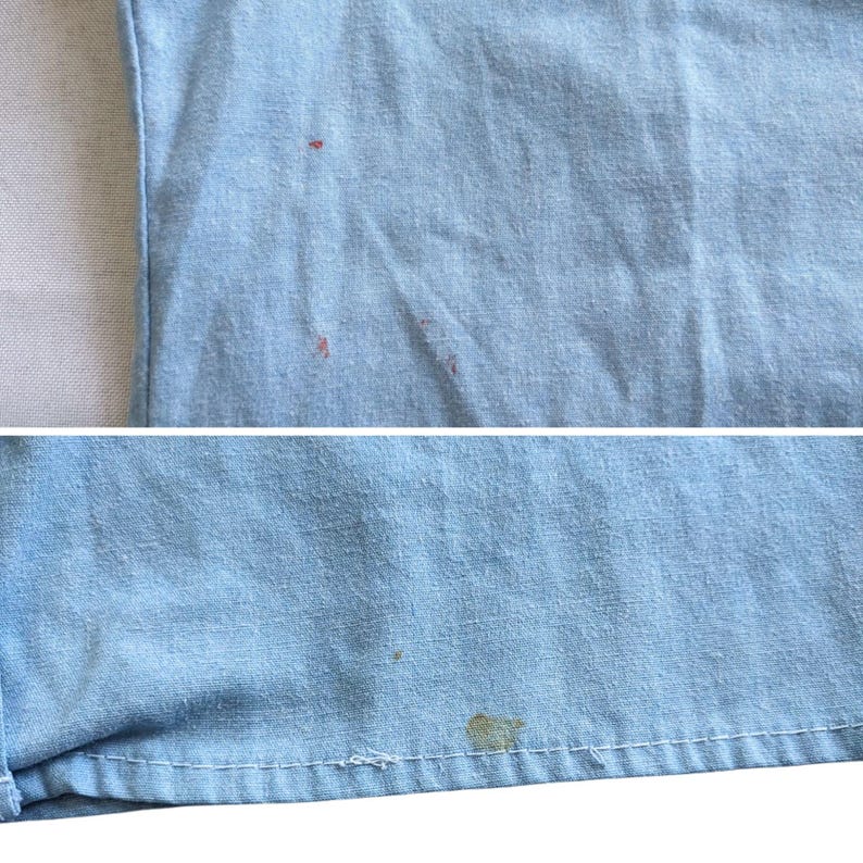 May include: Close-up of light blue denim fabric with visible stains. The fabric appears slightly creased, with a seam at the bottom. The stains are reddish-brown and greenish-brown.