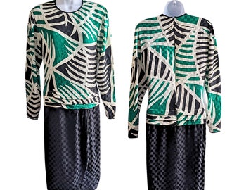 Vtg 80s JOHN YANG Adrianna PAPELL Checkerboard Silk Green Palm Leaf Dress Sz 10
