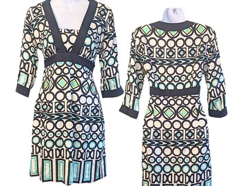 NWT Vintage Y2K MILLY 100% Silk Satin Geometric A-line 3/4 Sleeve Dress Size 6