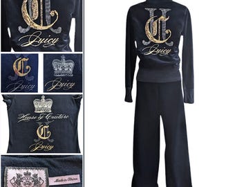 Vtg Y2K JUICY COUTURE 3pc Black Mixed Metal Velour Matching Tracksuit Set Sz S top - L bottom