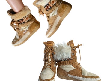 Vtg 80s TECNICA Leather/Goat Hair Navajo Apre Ski Ankle Snow Boots Size 39/8