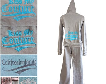Vtg Y2K JUICY COUTURE 3pc French Terry Gray Blue Kiss My Couture Tracksuit Set P/S
