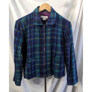 Vintage 80s/90s NEW YORK JEANS Azul Teal Plaid Lana Mezcla Chaqueta Zip Up Talla S