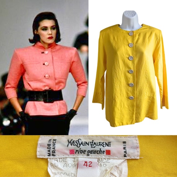 Vtg 1986 Yves Saint Laurent Rive Gauche Yellow Silk Stone Button