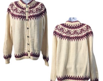 Vtg 70s NORSK HUSFLID 100% Wool Purple Rosemaling Fair Isle Handknit Cardigan XL