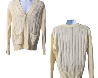 Vtg 80s TROY HILL Cream Letterman's Taylor Swift ButtonUp Preppy Cardigan Size L